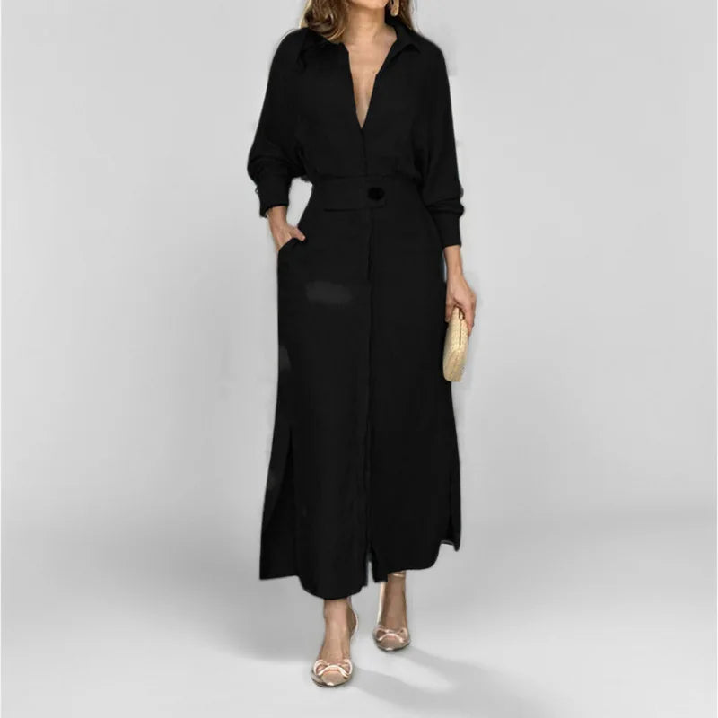 Autumn Elegant Long Sleeve V Neck Shirt Dress for Women