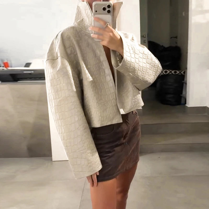 Retro Snake Print Faux Leather Cropped Jacket for Women