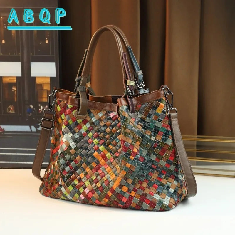 ABQP New Women's Handbag Made of Genuine Leather Hand Woven Women's Single Shoulder Crossbody Bag Color Spliced Women's Bag