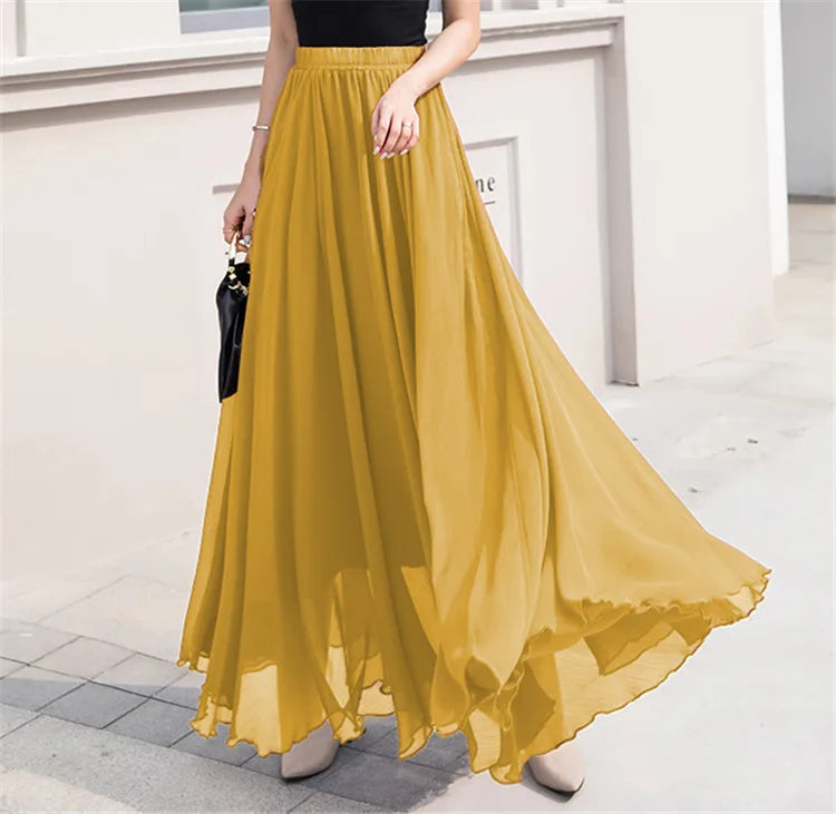 Elegant Solid Color Chiffon A-Line Skirt with High Waist for Women