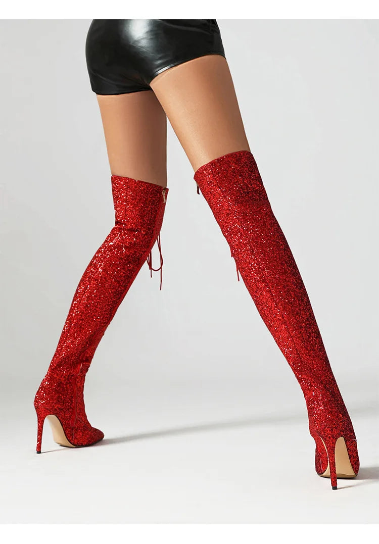 Shiny Sequined Over The Knee High Heel Boots for Women