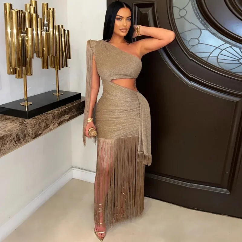 One Shoulder Tassel Ruched Maxi Evening Dress for Women