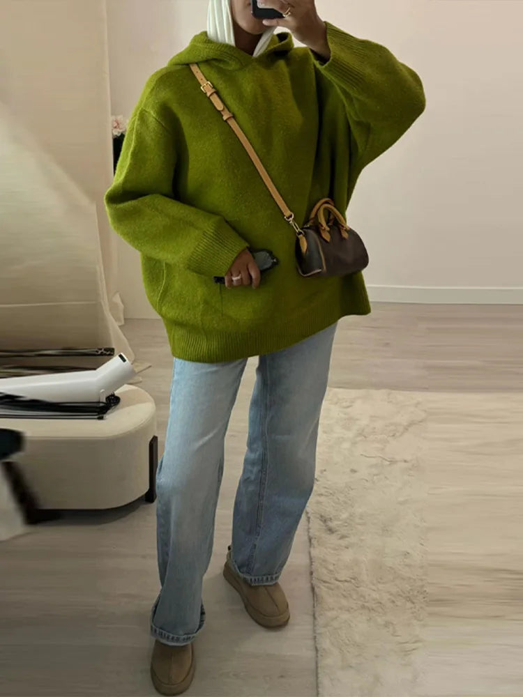 Green Women's Knit Hoodie Coat Full Sleeve Front Pocket  Casual Sweater Top 2025 Early Autumn Loose Female Knitwear Outerwear