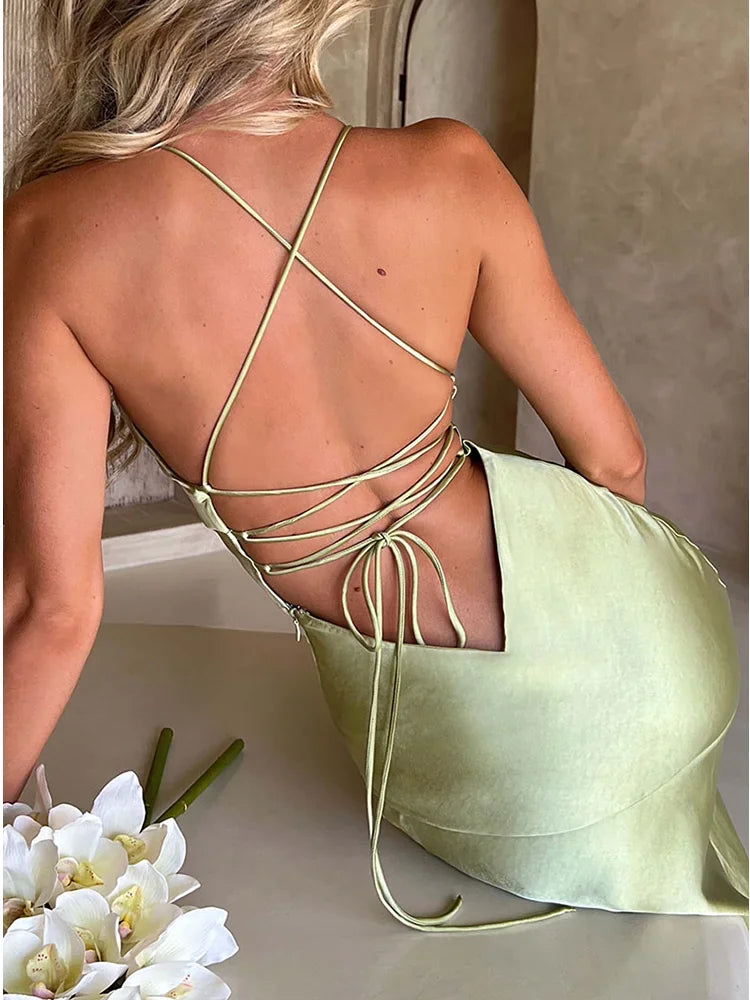 Elegant Backless Satin Maxi Dress With Lace Up For Women