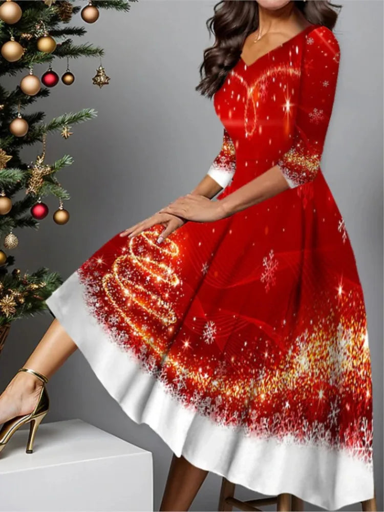 Autumn Snowflake Print V Neck Midi Swing Dress for Women