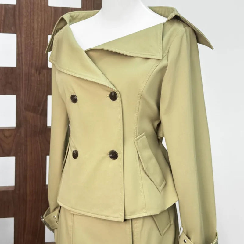 KUCLUT Fashion Elegant Versatile Large Lapel Waist Double-Breasted Short Trench Coat For Women Wrapped Hip Skirts Female 1A800