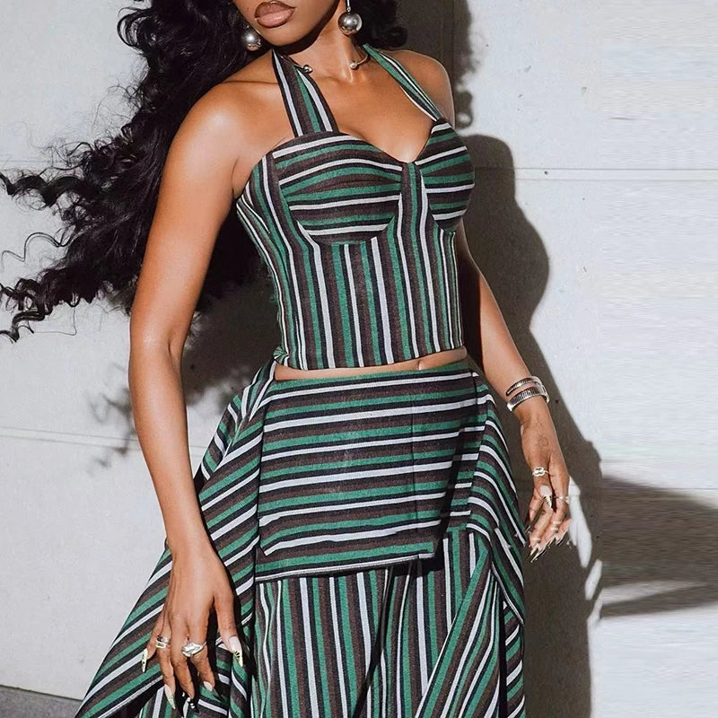 Striped Vacation Halter Backless Top and Half Skirt Set for Women