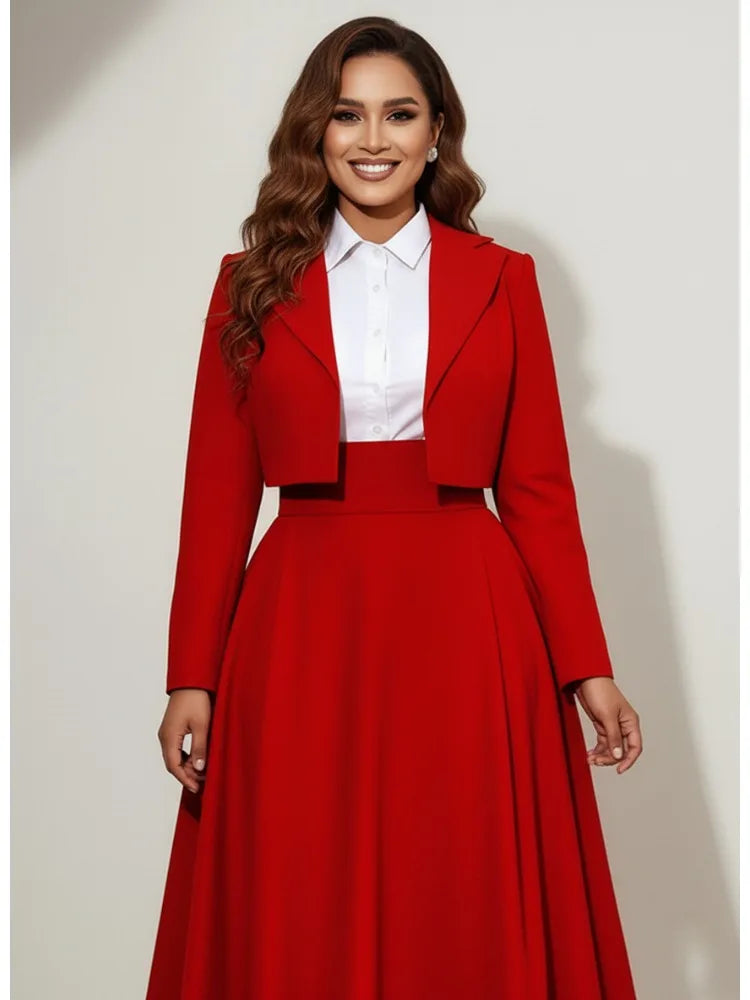Classic Solid Red Cropped Blazer With Long Sleeves For Women