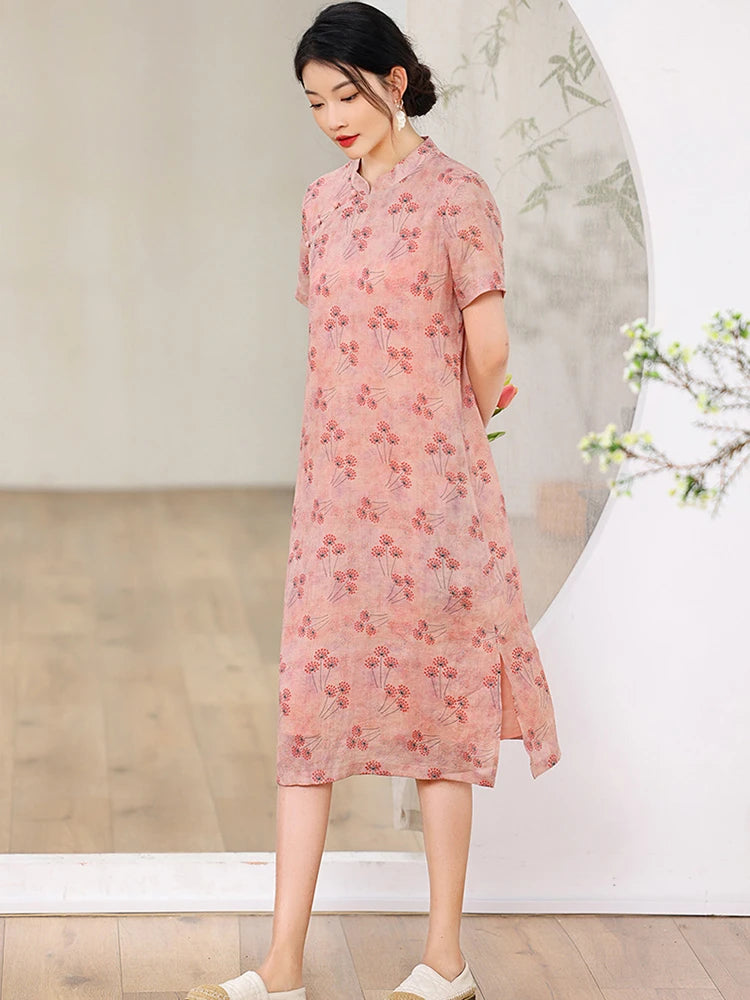 Elegant Floral Vintage Ramie Cheongsam Dress for Women