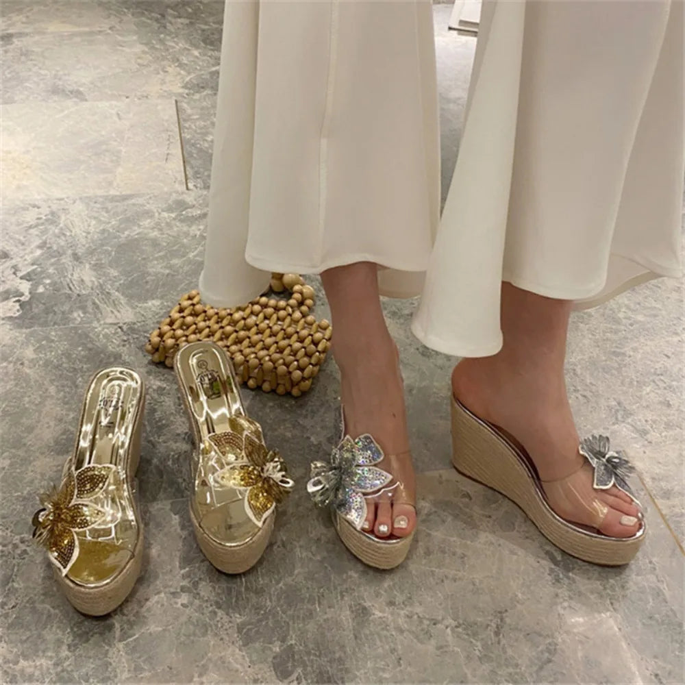 Sequined Flower Design Platform Wedge Sandals for Women