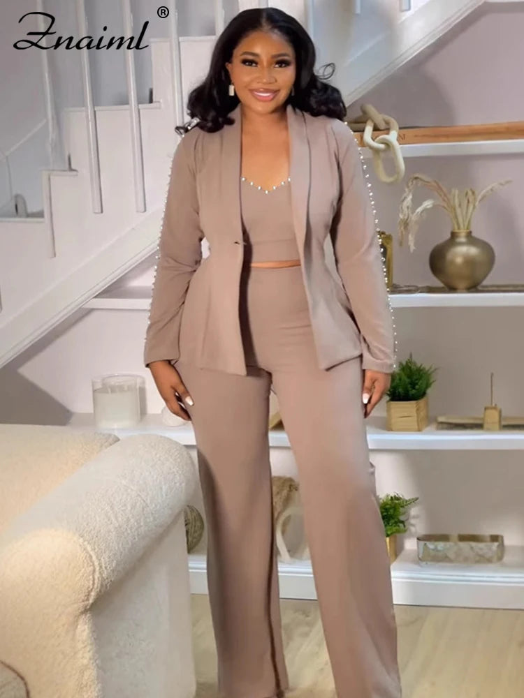 Znaiml Elegant Office Lady Pearl Patchwork 3 Pieces Set Woman‘s Long Sleeves Coat + Vest + Straight Pants Work Matching Outfits
