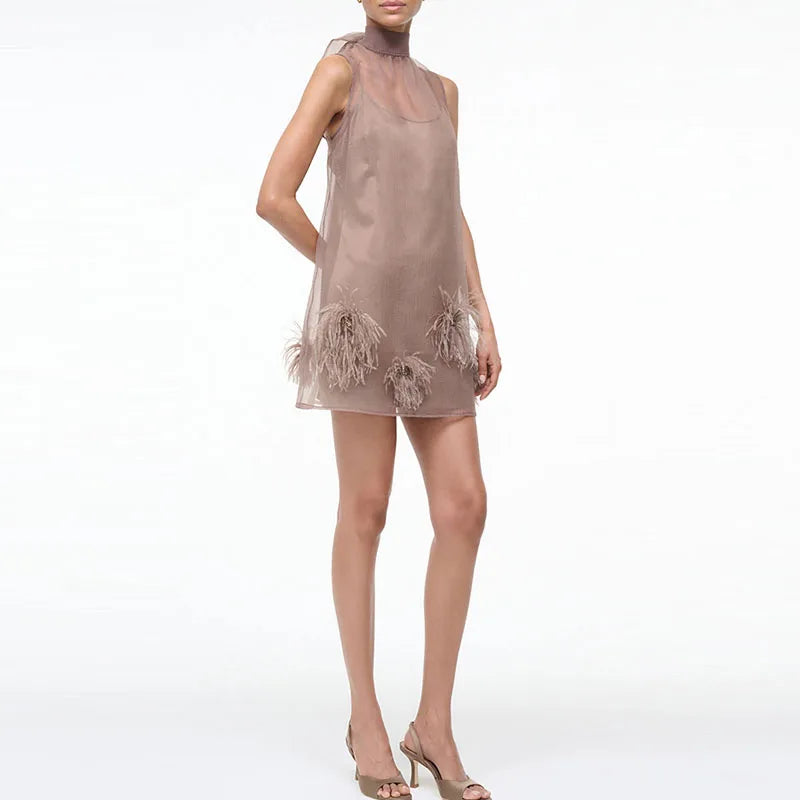 Women Casual Stand Collar Sleeveless Vest Dress Sexy Bow Tie Up Solid Color A-line Dress Elegant Tassel Patchwork Banquet Dress