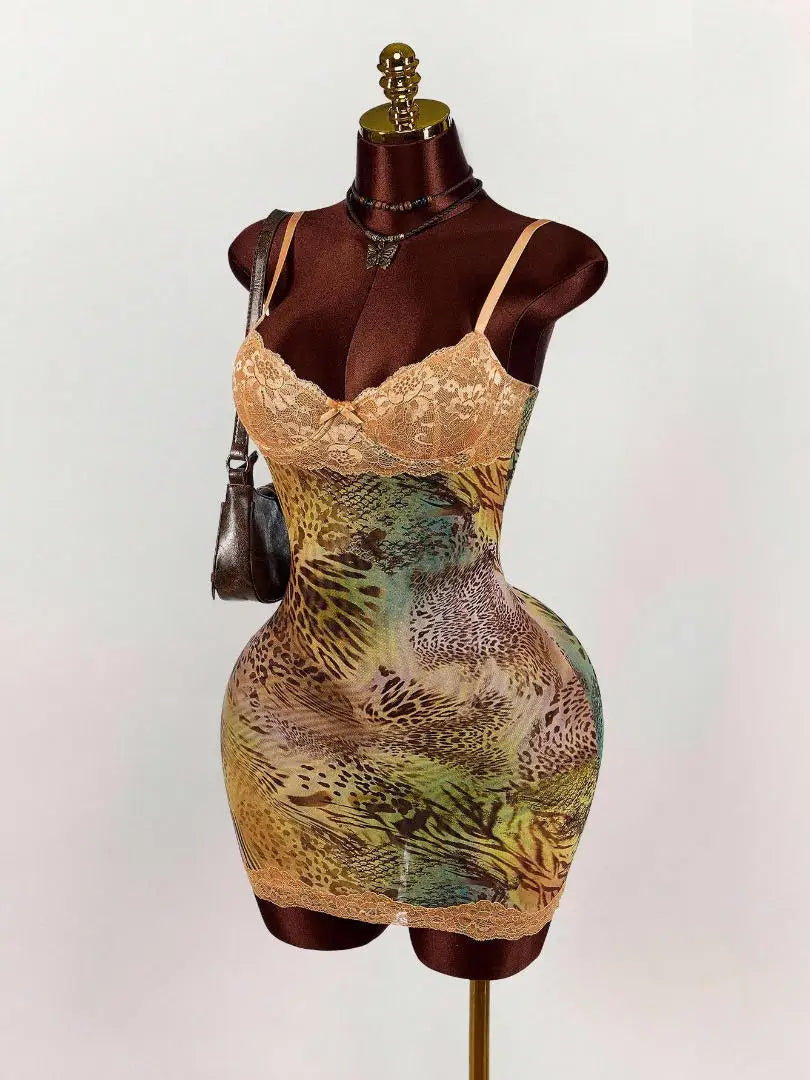 Leopard Print Lace Spaghetti Strap Bodycon Dress for Women