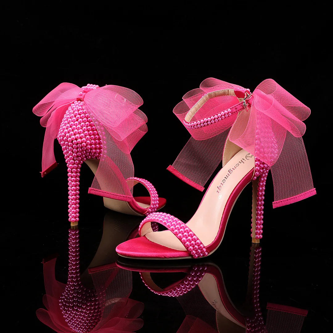 Elegant Pearl Beaded Mesh Bowknot Sandals for Women