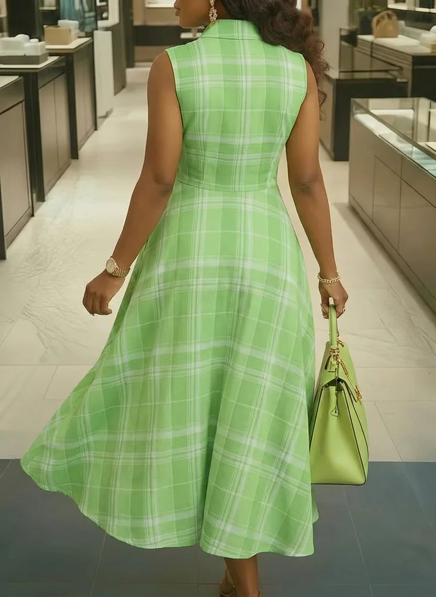 Women Lapel Collar Sleeveless Plaid Print Midi Dress For Shopping Mall Casual Daily And Weekend Vacation Occasion