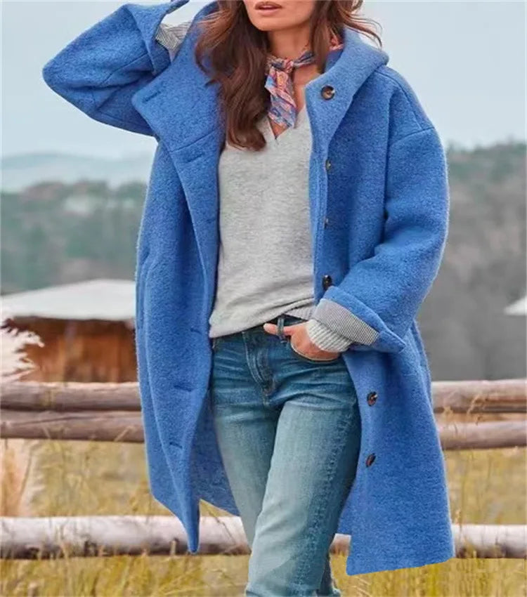 Oversized Hooded Casual Solid Color Wool Blend Coat for Women