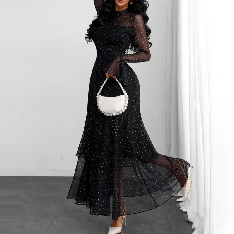 Pleated Polka Dot Ruffle Sleeve Maxi Dress for Women