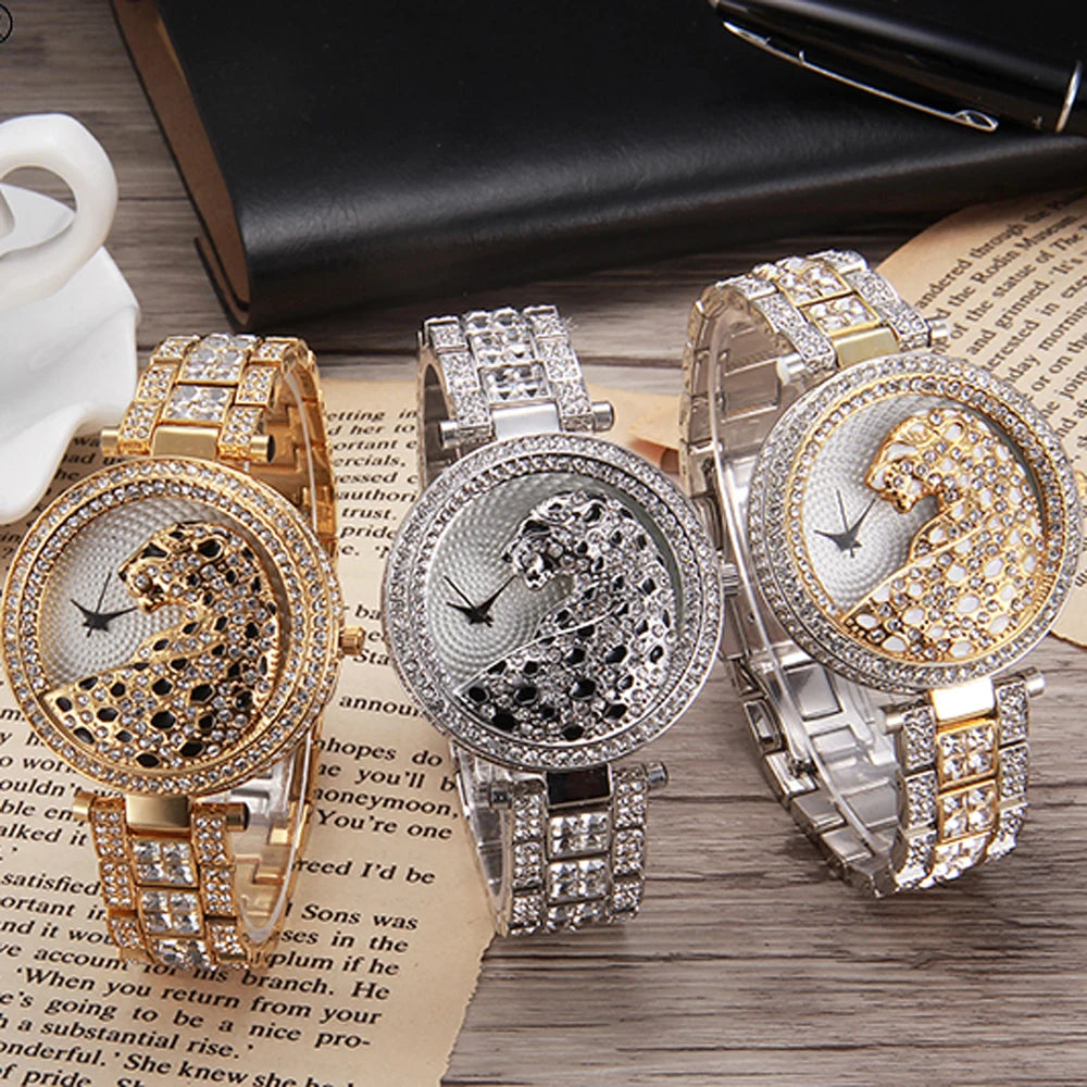 MISSFOX Women Quartz Watch Fashion Bling Casual Ladies Watches Female Quartz Gold Watch Crystal Diamond Leopard For Women Clock
