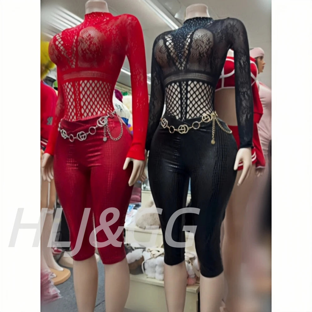 Sexy Rhinestone Mesh Two-Piece Bodysuit Set for Women