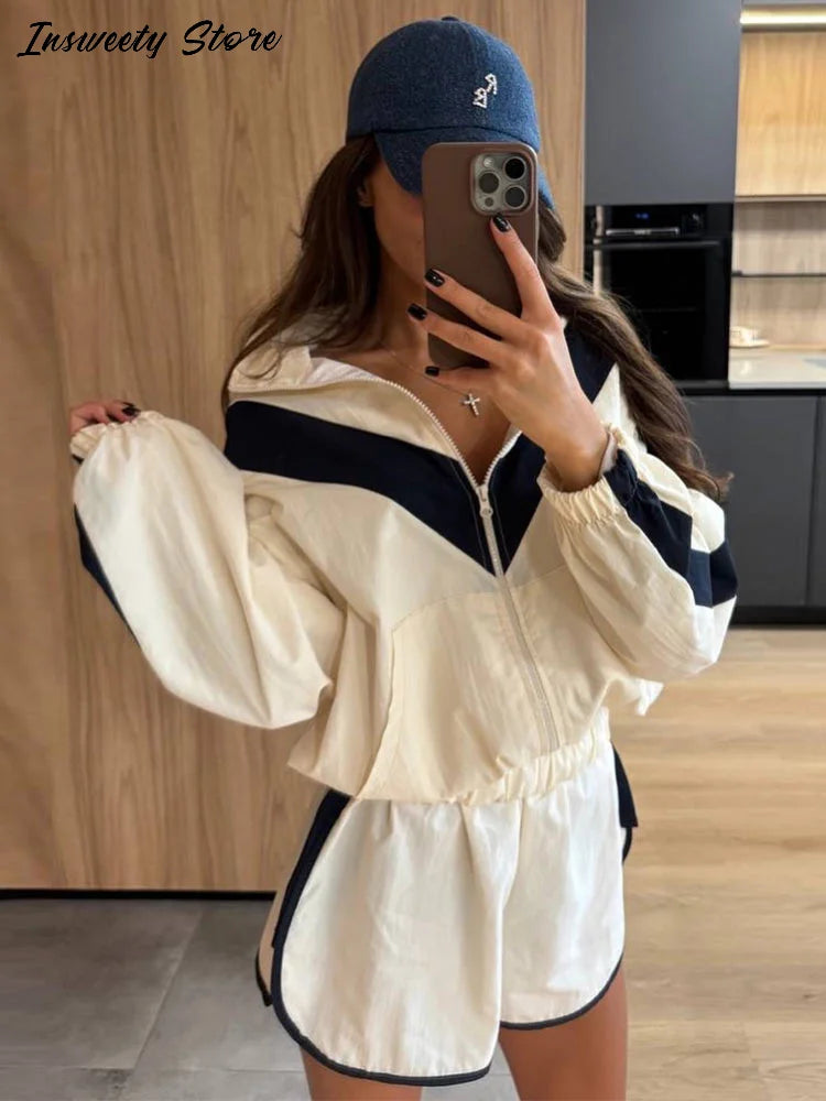 Color Block Zip Jacket and Shorts Tracksuit for Women