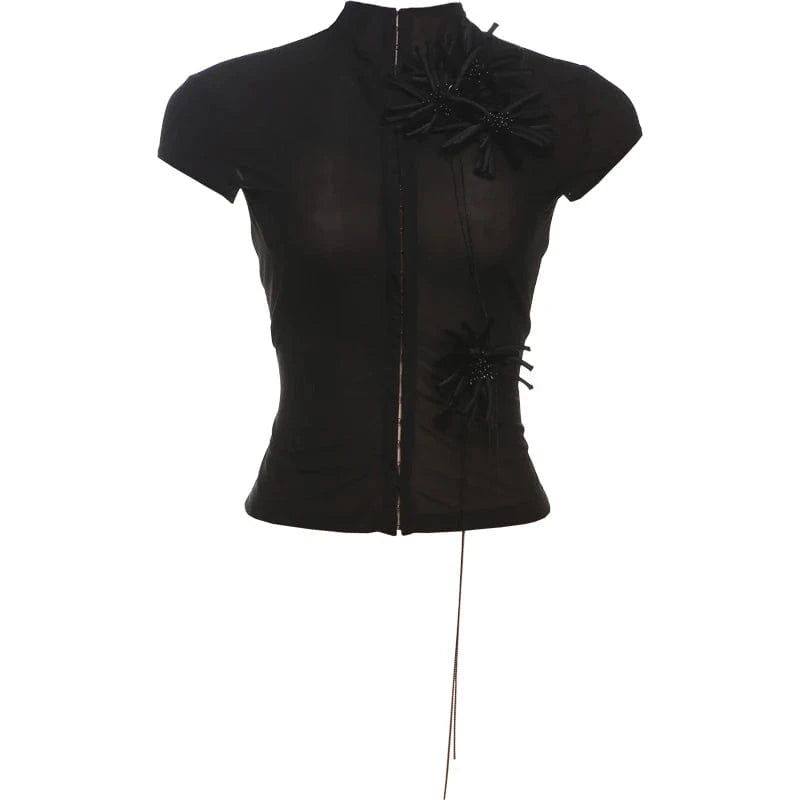 Weird Puss Tassel Applique Crop Tops Women Single-Breasted Half-High Neck Tassel Midnight Hottie Versatile Street Skinny T-Shirt