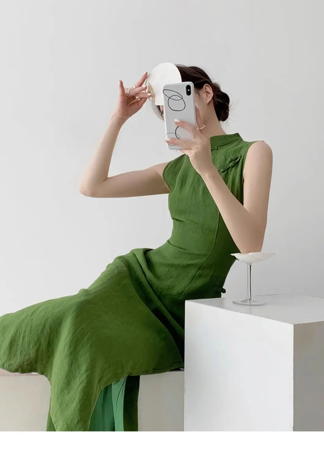 Moss Green Retro Chinese Style Cheongsam Dress for Women