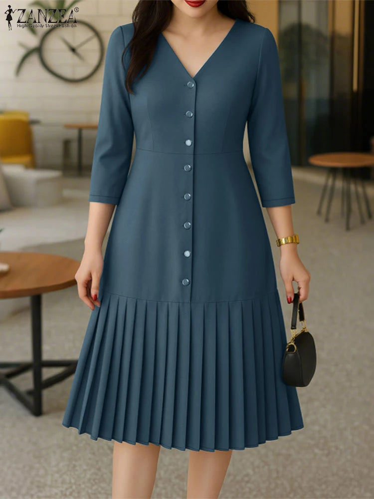 Pleated V-Neck Midi Dress