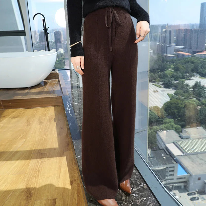 Elastic Waist Wide-Leg Knitted Cashmere Trousers for Women
