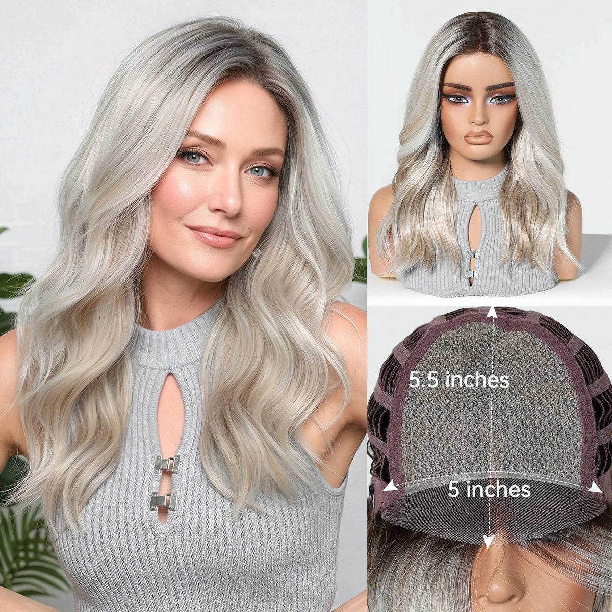 Dark Root Silver Blonde Wavy Lace Front Wig for Women