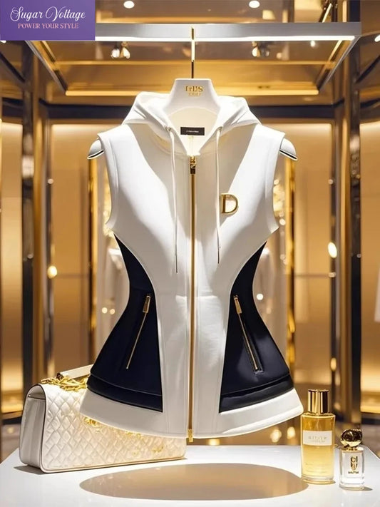 New Spring French Elegant High End Hooded Vest Coat Women Contrast Color Zipper Slim Jacket Temperament Ladies Causal Outwear