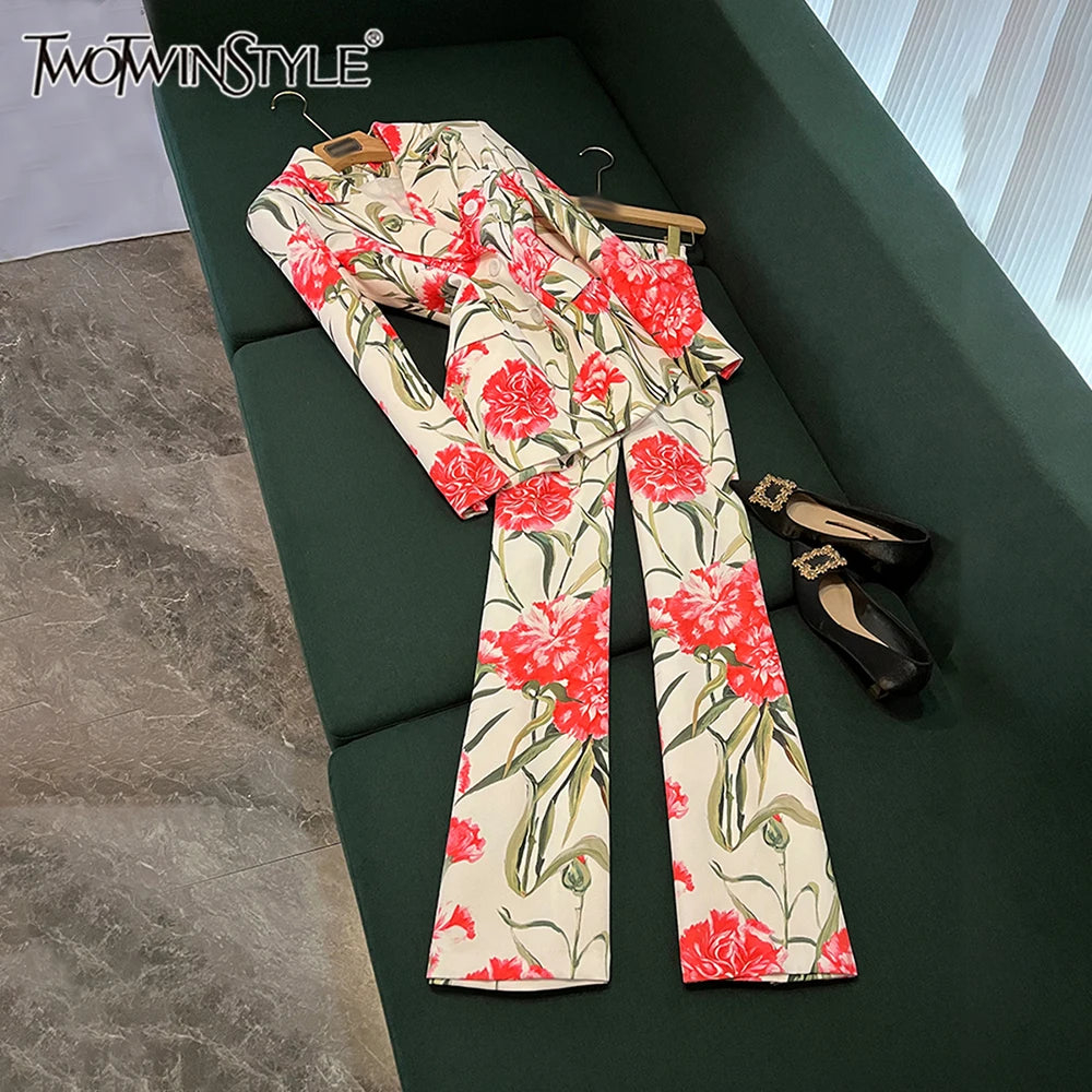TWOTWINSTYLE Vintage Printing Two Piece Sets For Women Laple Long Sleeve Top High Waist Pants Elegant Set Female New KSE537136