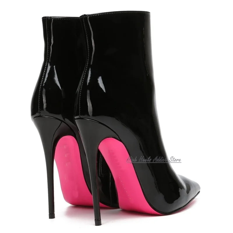 High Heel Pointed Toe Shiny Leather Ankle Boots For Women