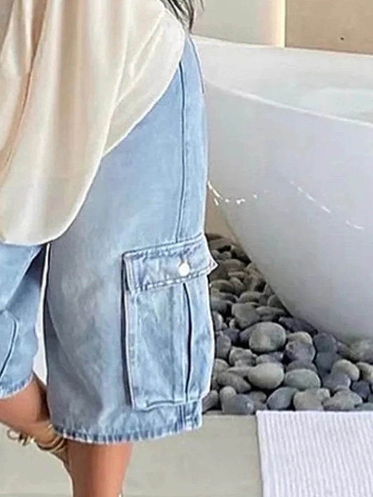 Beautyblue Loose Wide Leg Pants Women's Denim Shorts Vintage Fashion Loose Pocket Five Points Pants Streetwear High Waist Pants