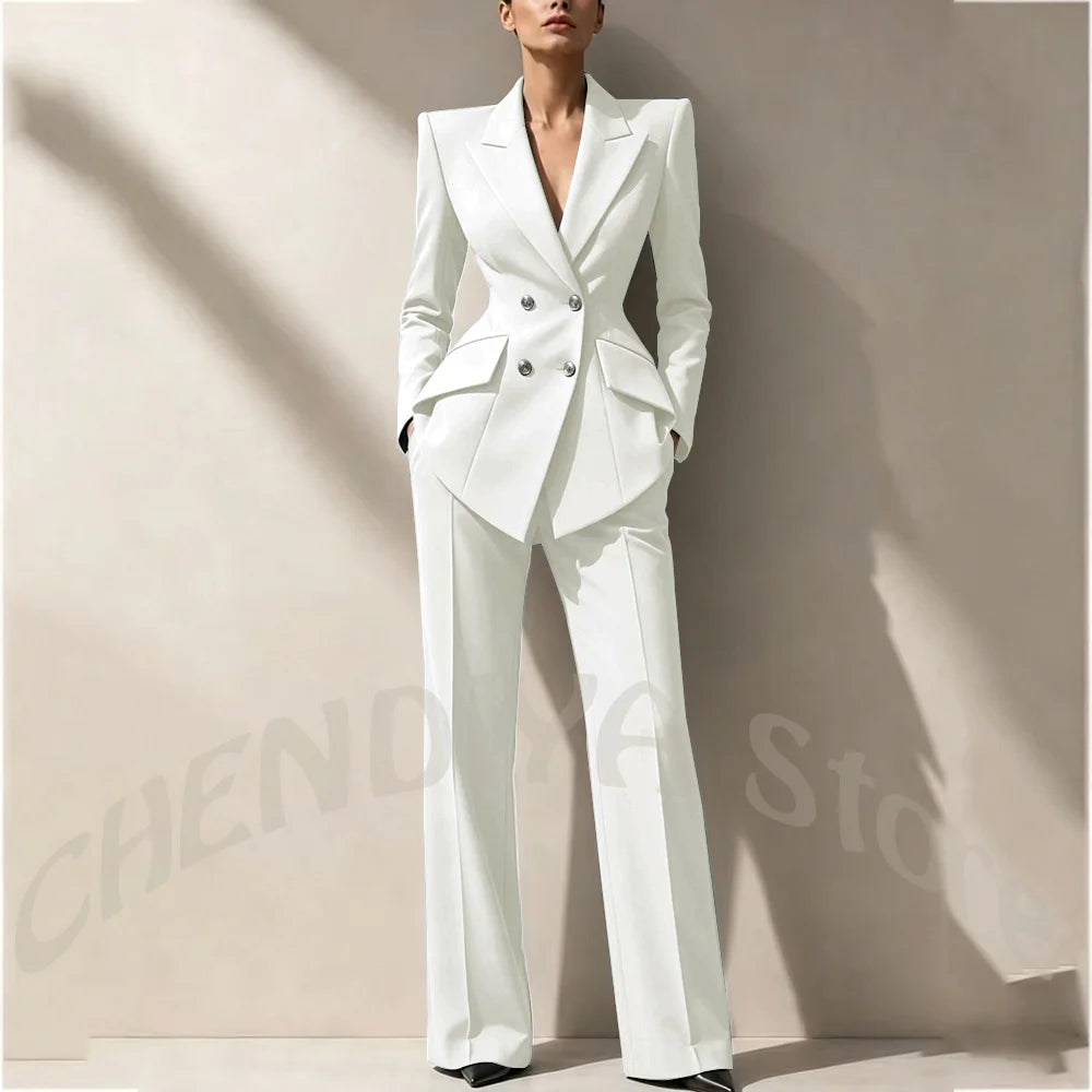 New Arrival Women's Two Piece Suit Peak Lapel Slim Fitted Classic Double Breasted Wedding Guest Evening Gala Party Female Set
