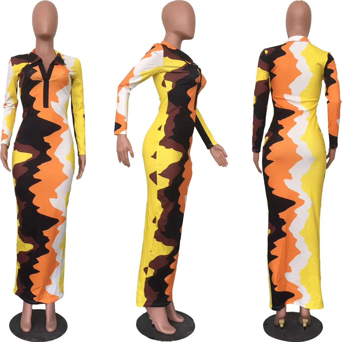 CM.YAYA Women Tie Dye Wave Long Sleeve Button Turn-down Collar Midi Maxi Long Dress Autumn Winter Party Evening Bodycon Dresses