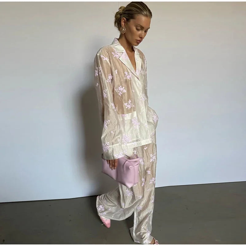 Sheer Casual Shirt and Wide Leg Pants Set for Women