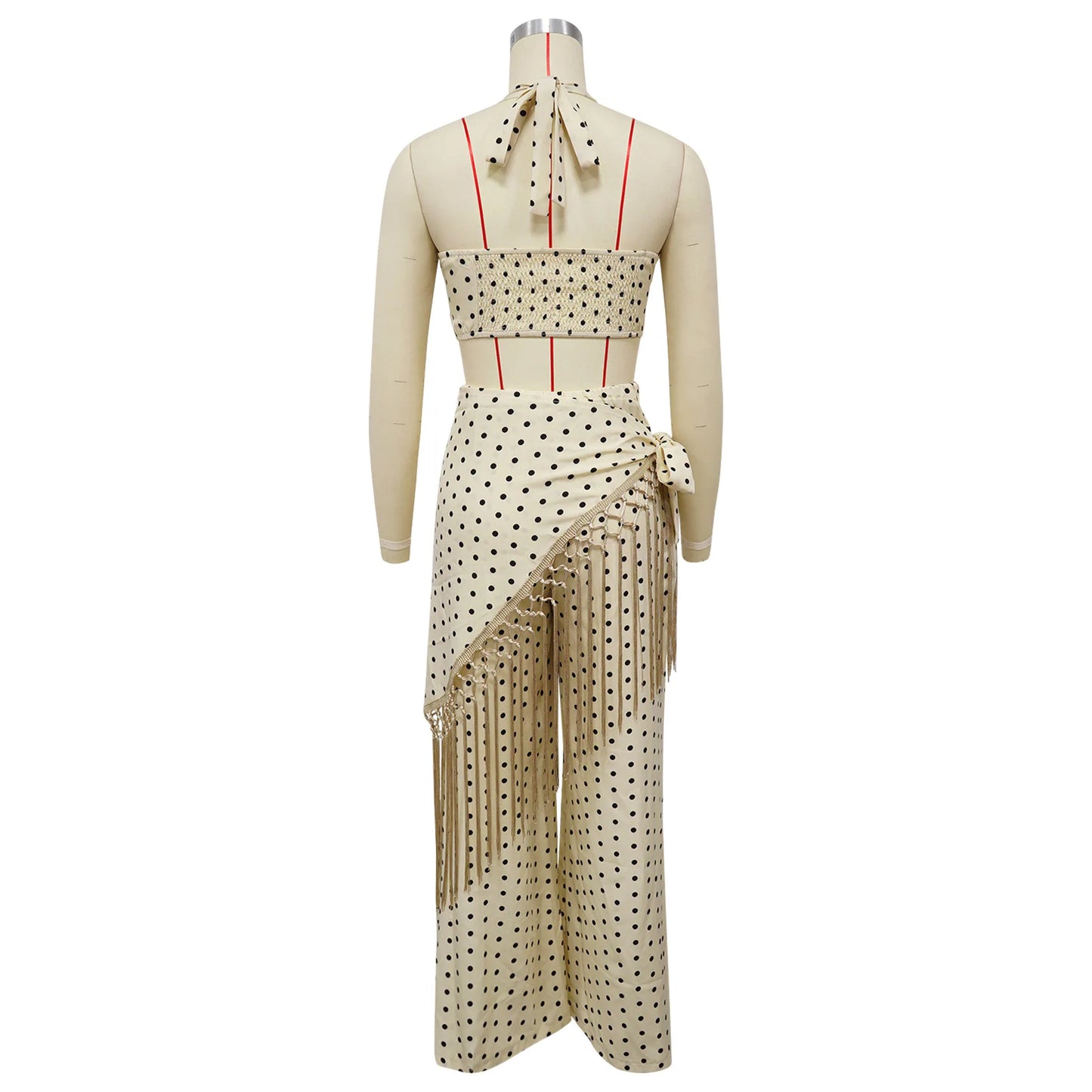 Polka Dot Print Halter Crop Top Tassel Fringe Two Piece Outfit for Women