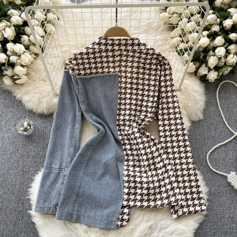ANJY Autumn New Women Vintage Streetwear Ins Stylish Denim Patchwork Single Breasted Coat Casual Elegant Asymmetric Blazer A8421