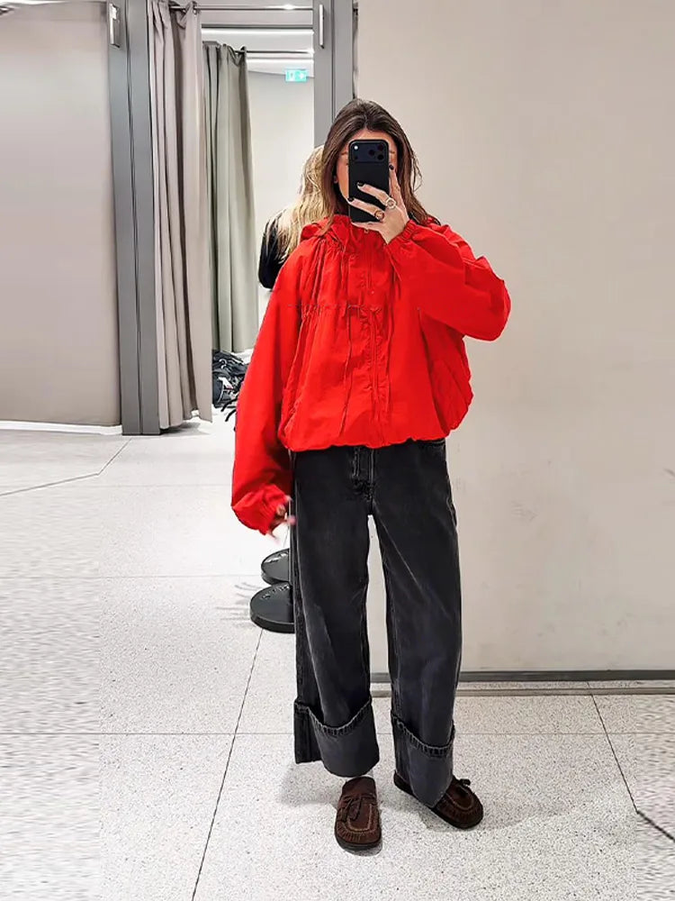 Hooded Zippered Stand Collar Lace-Up Jacket for Women