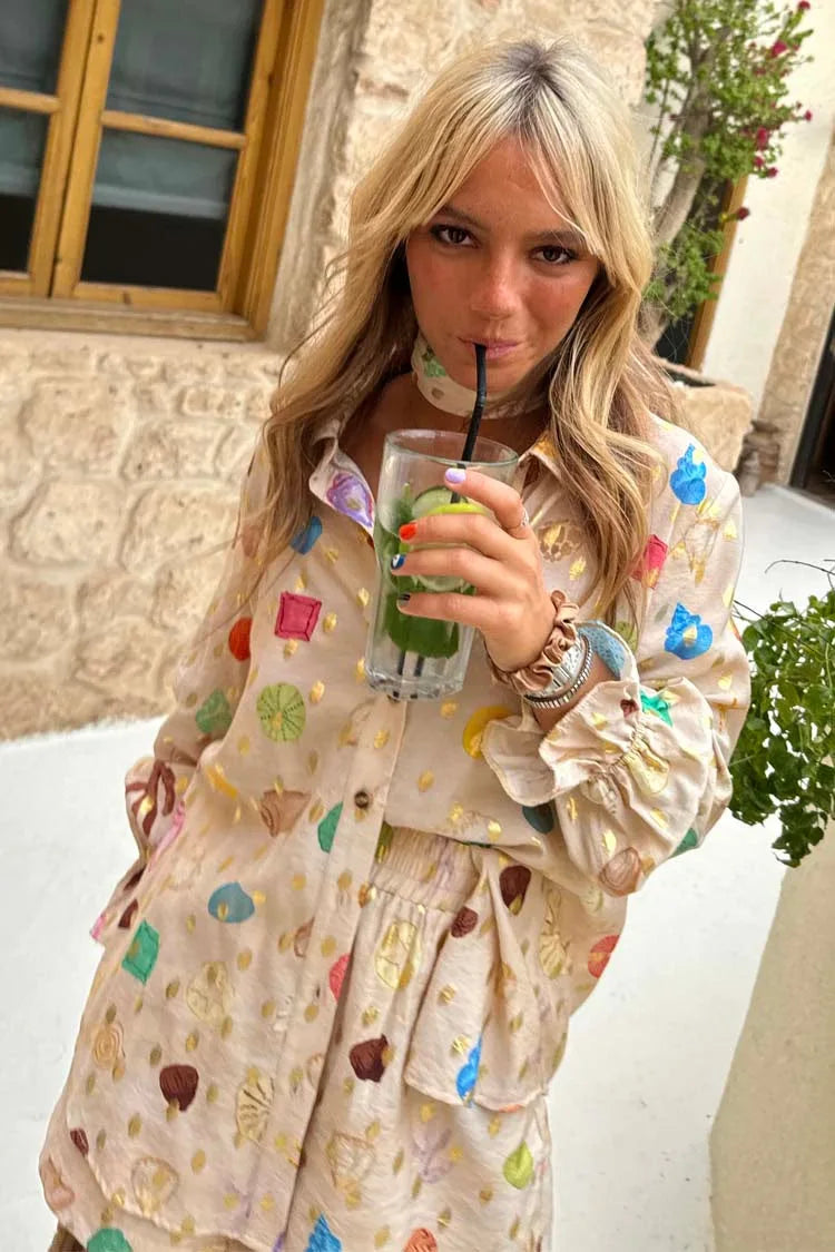 Printed Loose Lapel Long Sleeve Shirt Shorts Two Piece Set For Women