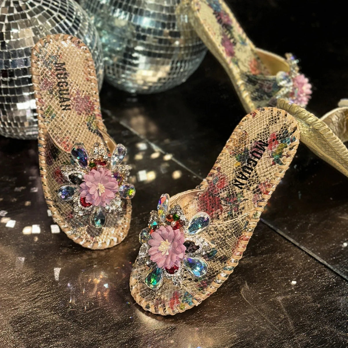 Crystal Flower Platform Outdoor Slippers for Women