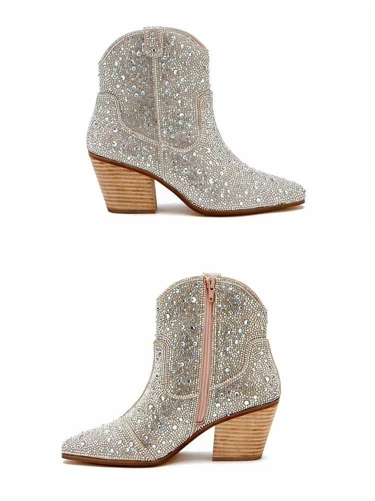 Glitter Western Ankle Boots With High Heels for Women