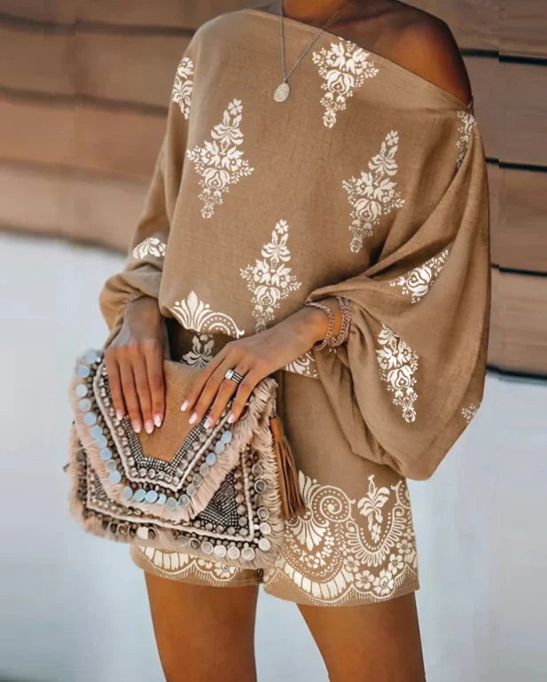 Vintage Floral Off Shoulder Top and Shorts Set for Women