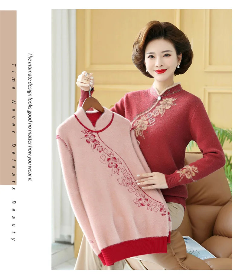2025 Autumn New Mom's Velvet And Warm Knitted Embroidered Bottom Shirts Imitation Mink Fleece Winter Inner Plsh Thick Pullover