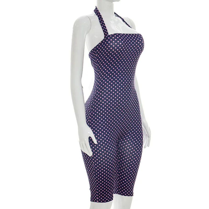 Polka Dot Halter Backless Bodycon Romper for Women