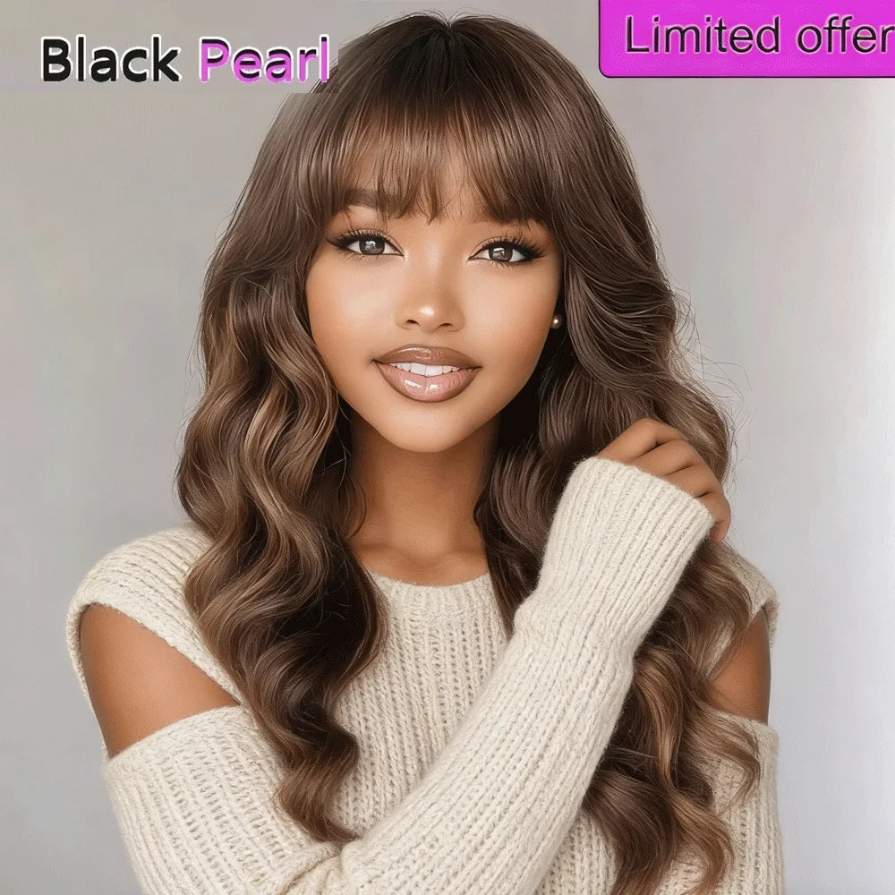Brown Highlight Body Wave Human Hair Wig With Bangs For Women