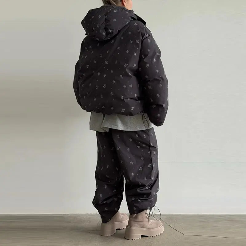 Striped Hooded Puffer Jacket and Wide Leg Pants Set for Women