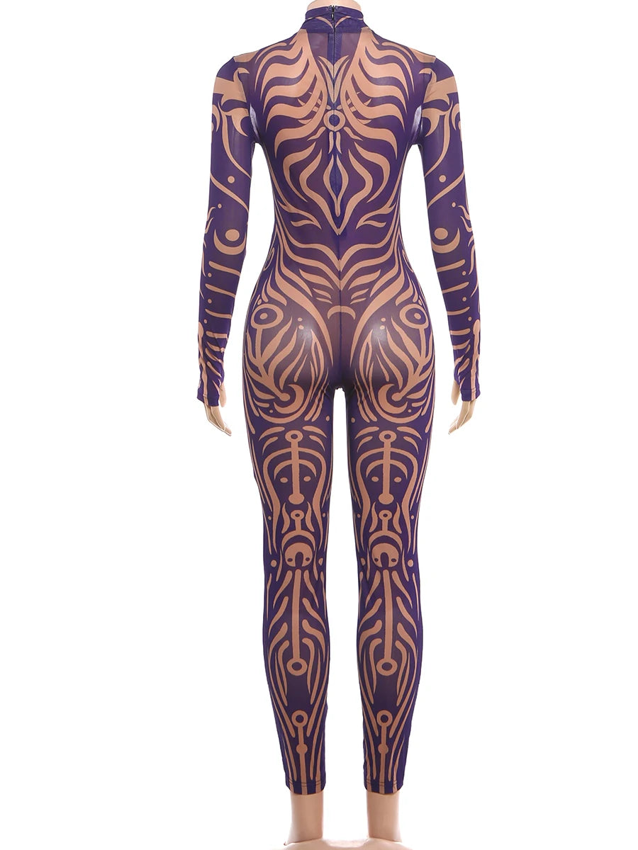 Striped Stretch Turtleneck Long Sleeve Jumpsuit for Women