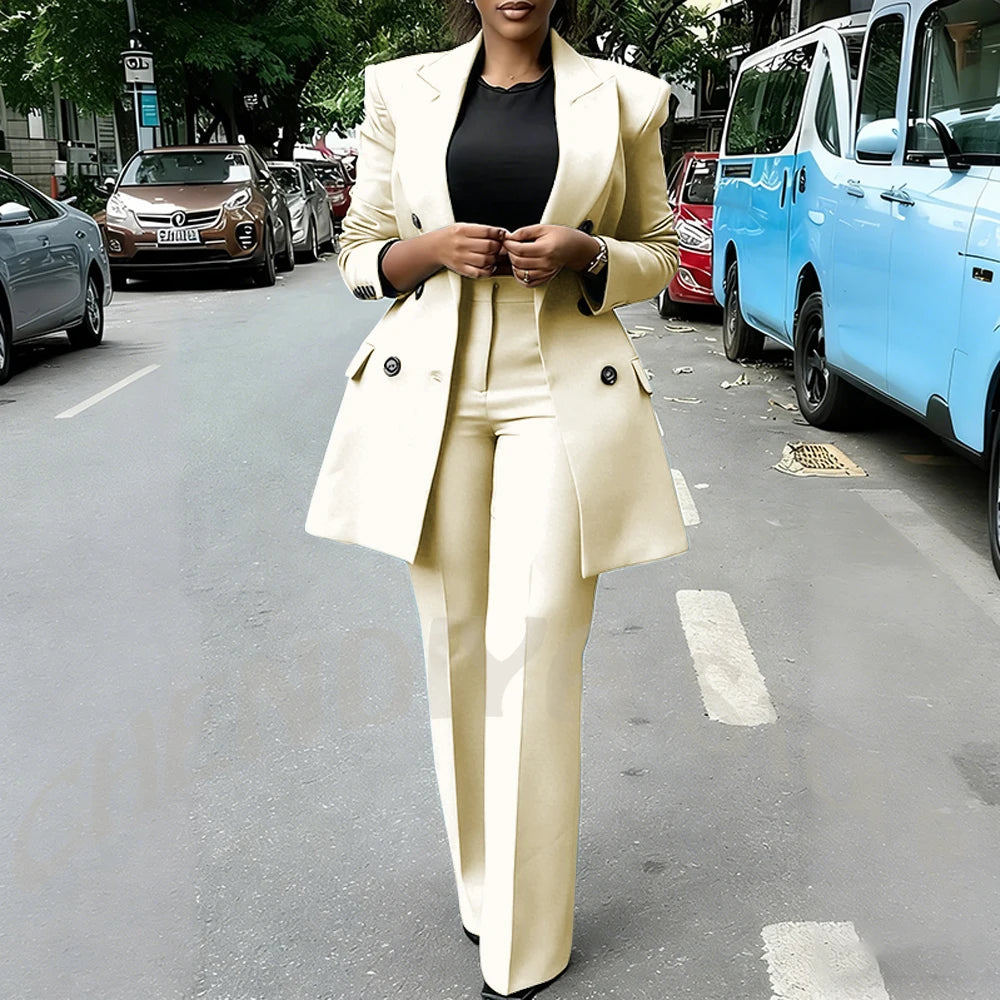 High Quality Women Suits Double Breasted Straight Formal 2 Piece Jacket Pants Peak Lapel High Street Daily Office Casual Suit