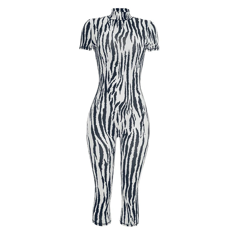Printed Backless Stretch Turtleneck Romper for Women